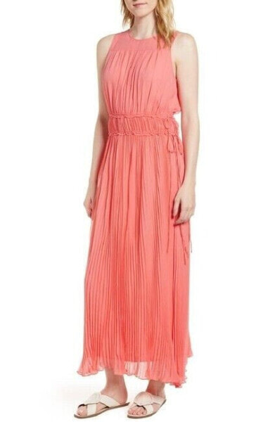 Lewit 155978 Women's Silk Crinkle Pleated Casual Maxi Dress Coral Sz. 4