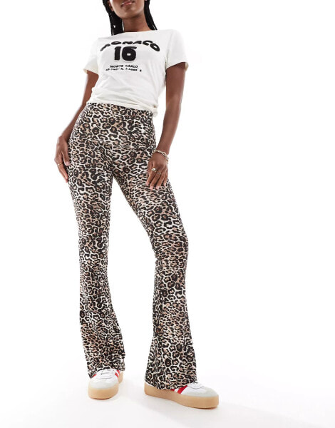 Miss Selfridge low rise deep fold over waistband flare legging in leopard print