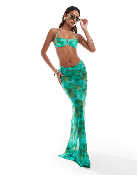 South Beach abstract print mesh maxi beach skirt in green