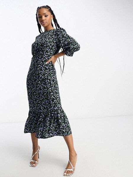 Nobody's Child Selena volume sleeve midi dress in blue cherry print