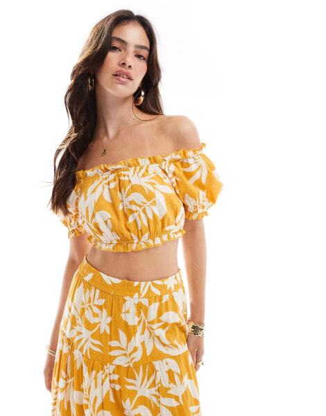 New Look co-ord leaf print bandeau crop top in yellow