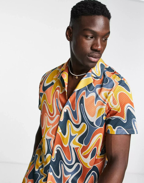 Topman airtex swirl print shirt in orange and blue