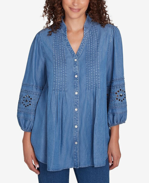 Petite Button Front Shirt with Embroidered Sleeves