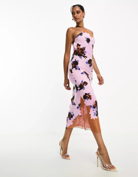 ASOS DESIGN one shoulder strappy midi dress with lace trim in spaced floral