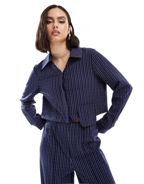 Extro & Vert button front collared shirt in navy pinstripe co-ord