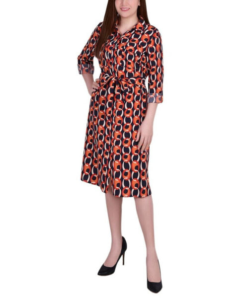 Petite Printed Long Sleeve Roll Tab Shirtdress