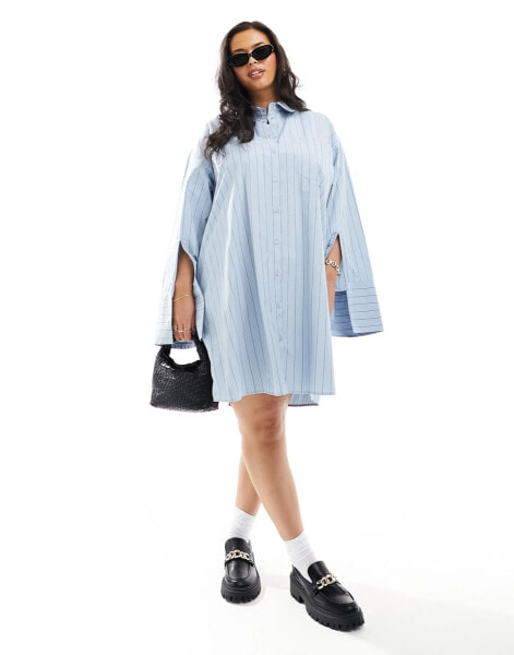 ASOS DESIGN Curve oversized shirt dress with double pocket detail in blue stripe