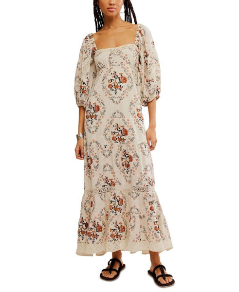 Women's All The Attitude Printed Lace-Trim Balloon-Sleeve Cotton Maxi Dress