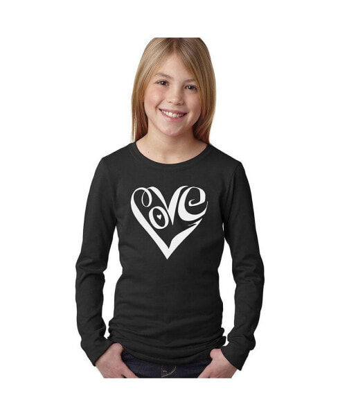 Big Girl's Word Art Long Sleeve T-Shirt - Script Love Heart