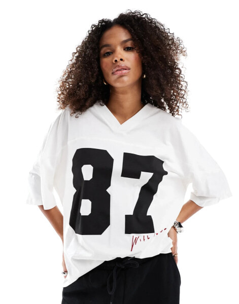 Stradivarius STR '87' oversized baseball shirt in white