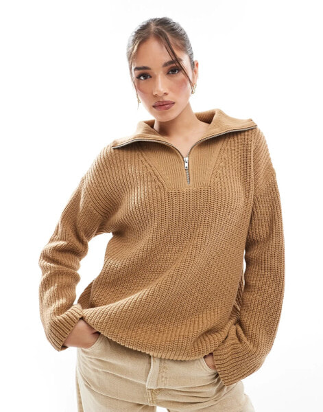 Selected Femme half zip jumper in tan