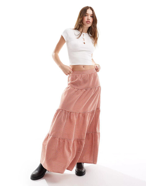 Miss Selfridge tiered maxi gingham skirt in rust