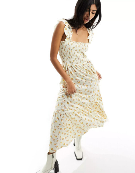 French Connection printed shirred body maxi dress in cream