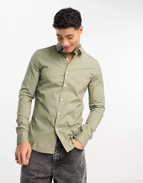 New Look muscle fit poplin shirt in light khaki