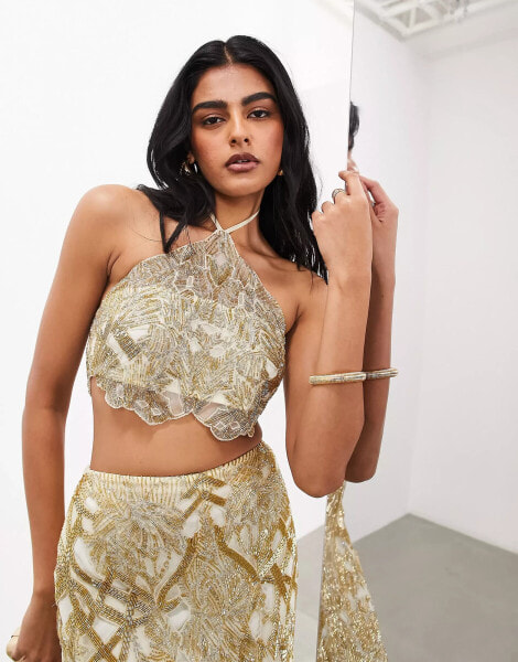 ASOS EDITION nouveau floral cut work embellished halter top co-ord in gold