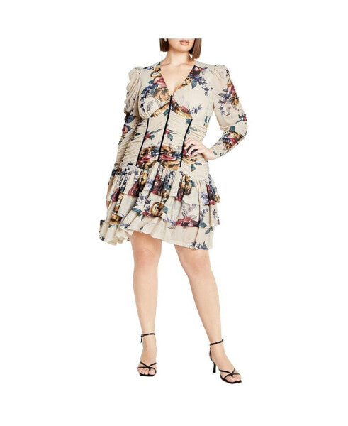 Plus Size Mesh Ruche Print Dress