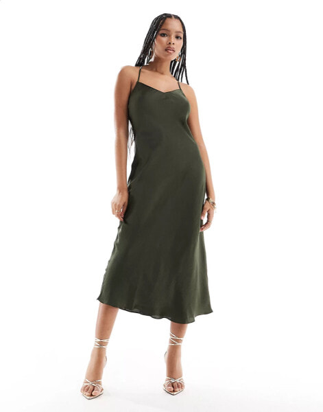 New Look cross back satin slip dress in dark khaki