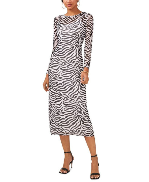 Women's Printed Round-Neck Long-Sleeve Mesh Dress