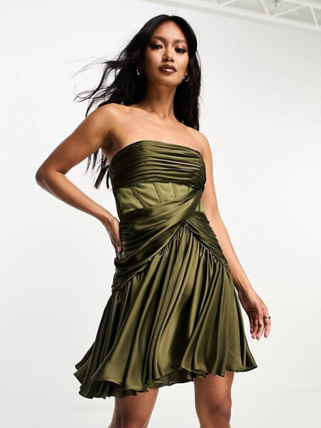 ASOS DESIGN corset draped skater satin mini dress in khaki