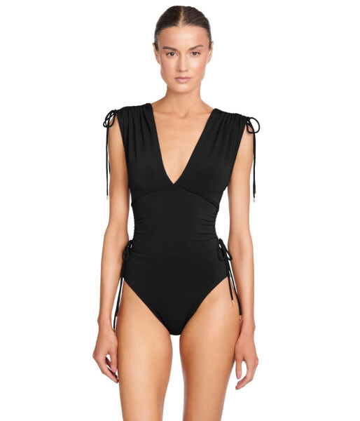 Robin Piccone Women's Aubrey V-Plunge One Piece Swimsuit Black Size 14