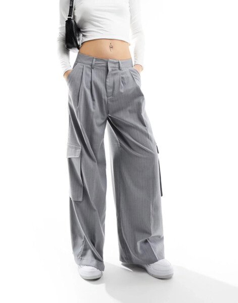 Bershka cargo wide leg tailored trousers in grey pinstripe