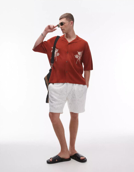 Topman floral embroidered polo in rust