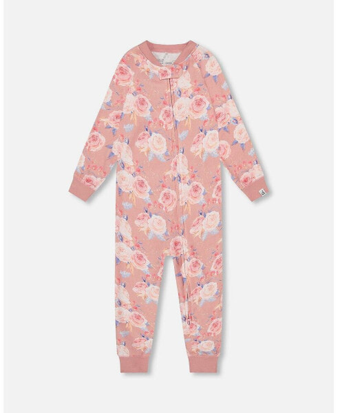 Little Girls Organic Cotton One Piece Pajama Old Pink Printed Roses - Toddler|Child