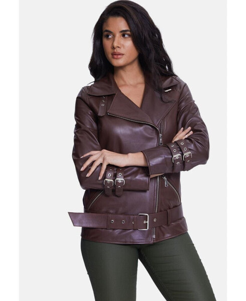 Women's Genuine Leather Belted Biker Jacket,Nappa Brown