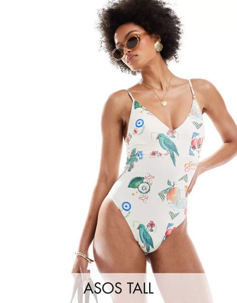 ASOS DESIGN Tall v-front swimsuit in postcard print