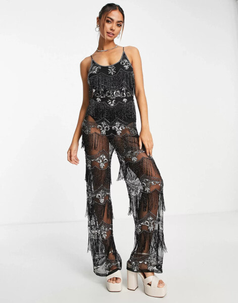 Miss Selfridge Premium festival embellished scooped cami jumpsuit with sheer trousers in black - BLACK