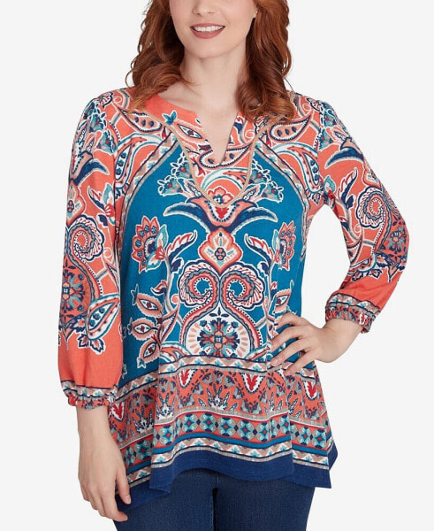 Petite Embellished Split Neck Baroque Motif Printed Hatchi Knit Top with Balloon Sleeves