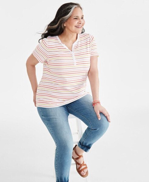 Plus Size Printed Short-Sleeve Henley Top, Created for Macy's