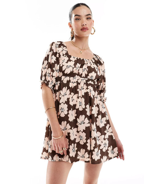 Wednesday's Girl smocked puff sleeve mini dress in brown floral