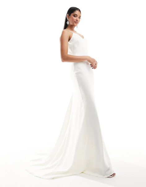 YAS Bridal satin maxi cami dress with train in white - WHITE