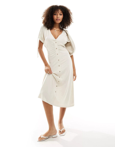 ASOS DESIGN button through midi tea dress with tie sleeve in cream