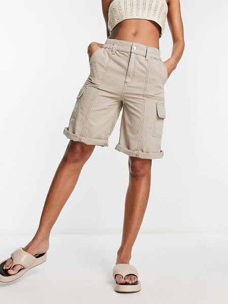 ASOS DESIGN longline cargo short with contrast stitch in mushroom