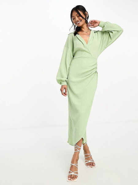 ASOS DESIGN textured collared wrap midi dress in mint