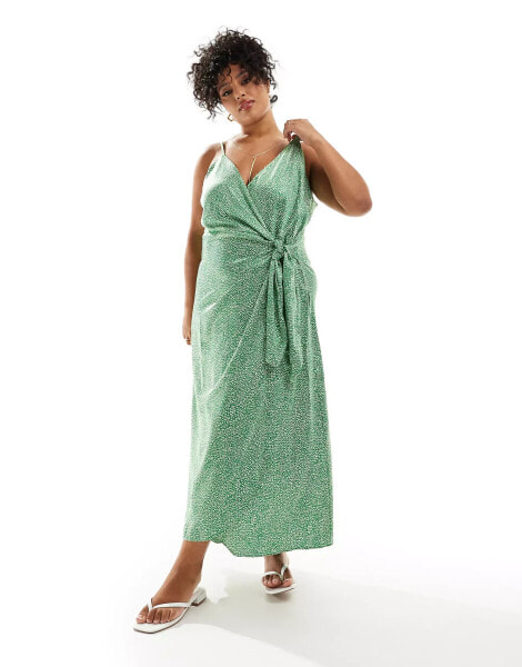 ONLY Curve strappy wrap dress in green mini leopard