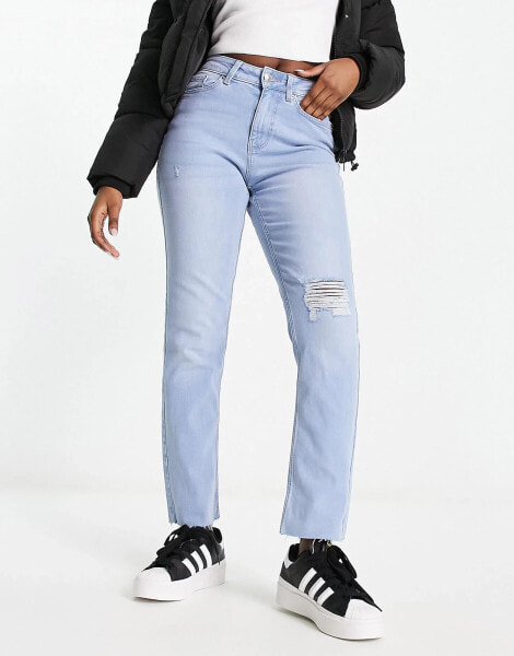 Pieces Luna high waist straight leg jeans with rip detail in blue