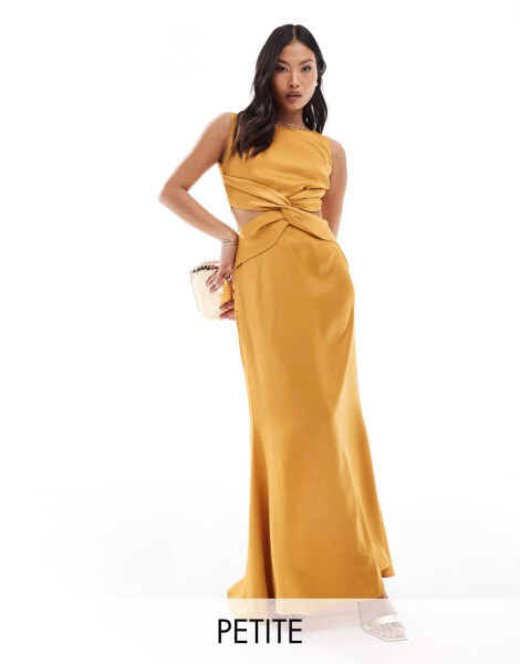 TFNC Bridesmaid Petite satin deep V back waist cut out satin maxi dress in yellow