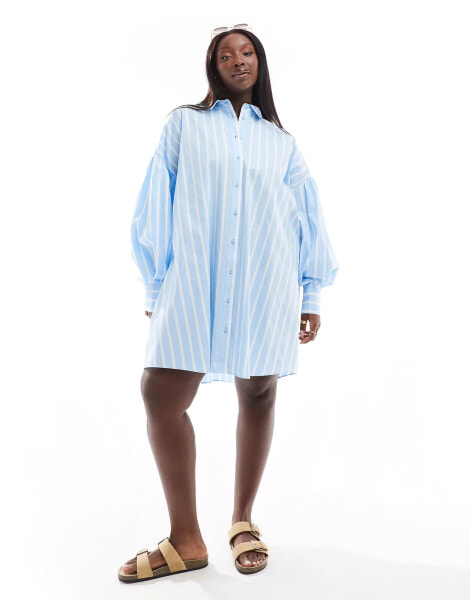 ASOS DESIGN Curve boyfriend shirt mini dress with blouson sleeve in light blue & white stripe