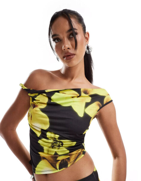 ASOS DESIGN co-ord slinky twist off shoulder top in yellow floral print