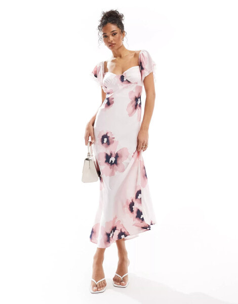 ASOS DESIGN bardot midi with lace inserts in pink floral