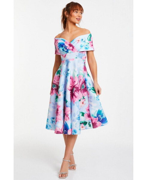 Women's Scuba Floral Bardot Skater Midi Dress