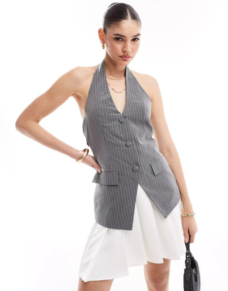 Extro & Vert 2 in 1 waistcoat tailored pleat mini dress in grey pinstripe