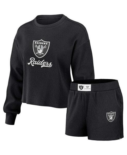 Women's Black Distressed Las Vegas Raiders Waffle Knit Long Sleeve T-shirt and Shorts Lounge Set