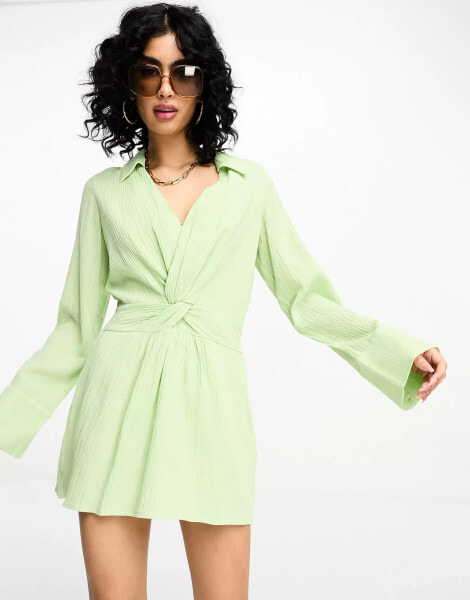 NA-KD x Stephsa twist front linen mini shirt dress in green