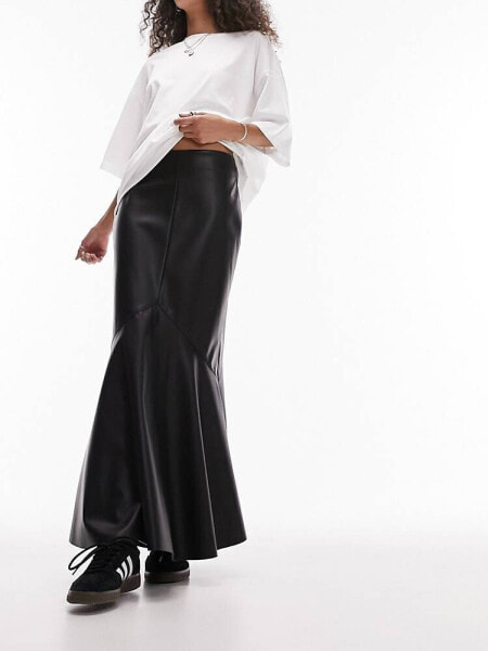 Topshop leather look fishtail maxi skirt in black