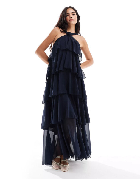 Vero Moda halterneck tiered maxi dress with corsage detail in navy blue