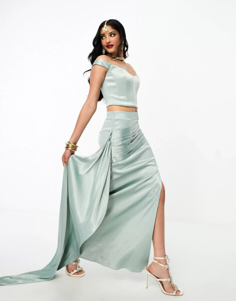 Kanya London Saree drape skirt co-ord in soft olive